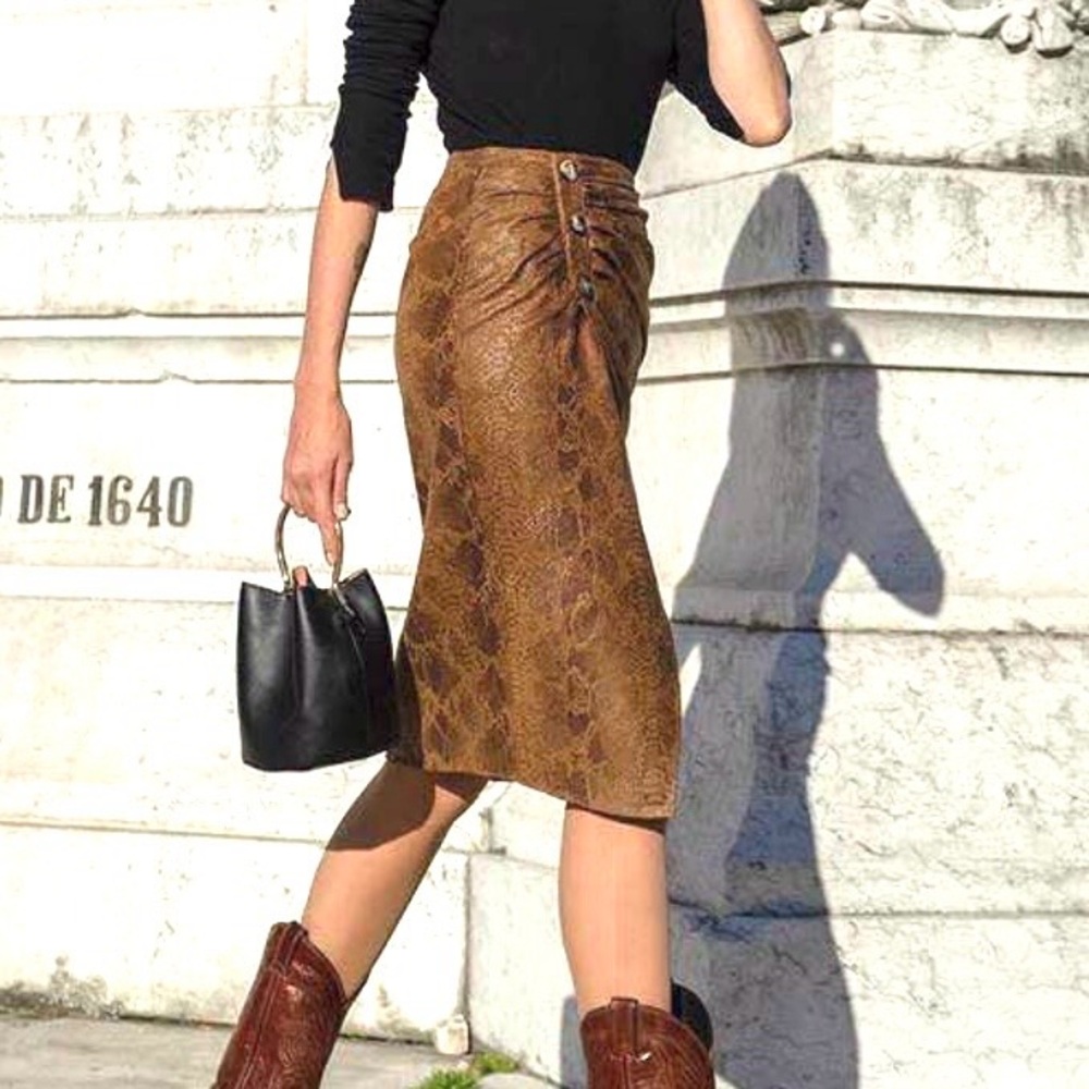 Zara Snake Print Faux Suede Midi Pencil Skirt Brown Size S
